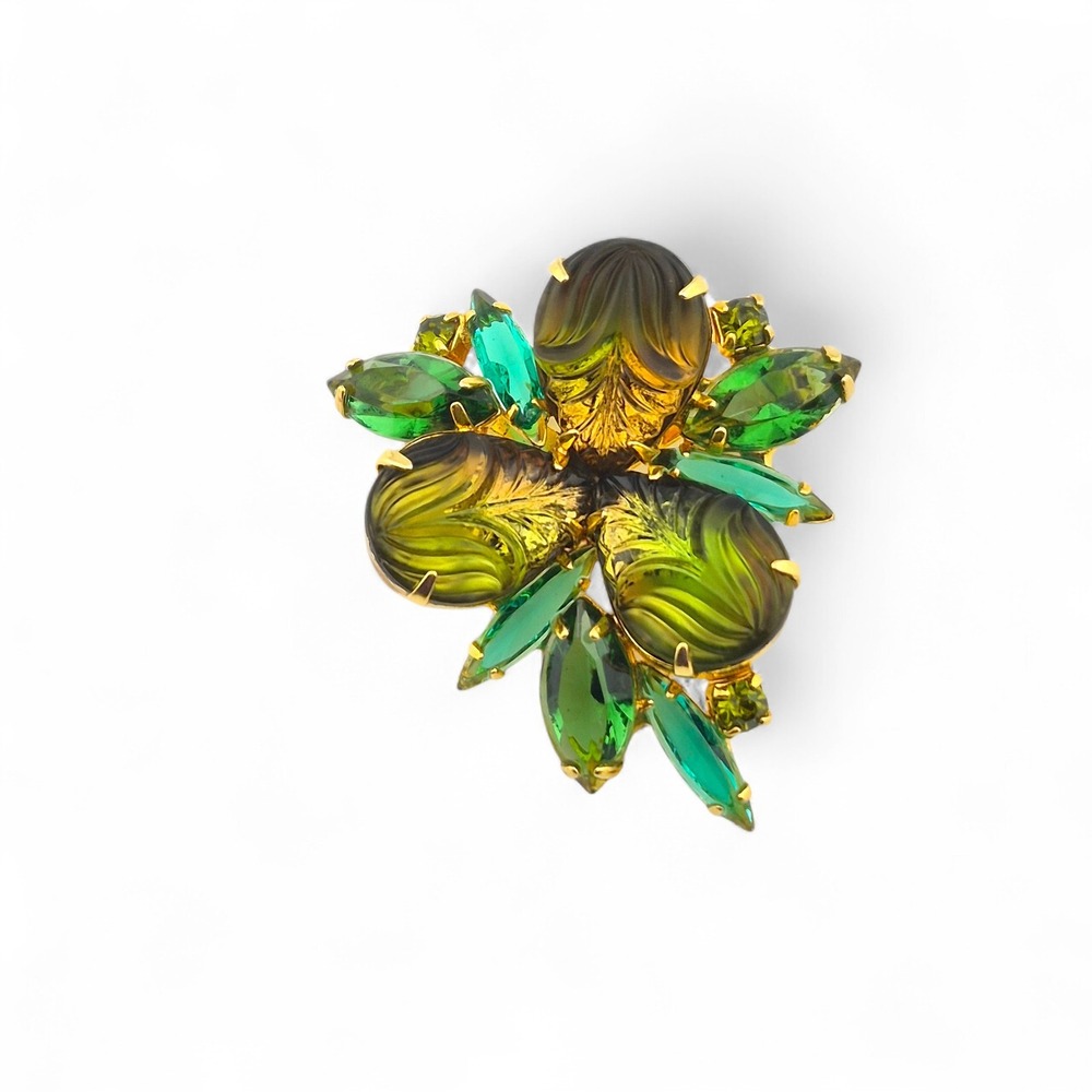 Vintage Green Givré Glass Rhinestone Brooch Pin Floral Leaf Gold Tone MCM 1.8"